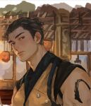  1boy arm_tattoo brown_eyes brown_hair chunru99_0904 closed_mouth commentary_request hair_bun highres kuai_liang looking_to_the_side male_focus mortal_kombat_(series) mortal_kombat_1_(2023) multicolored_clothes ninja scorpion_(mortal_kombat) single_hair_bun solo tattoo upper_body 