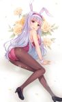  :d animal_ears ass bangs bare_shoulders black_footwear blunt_bangs brown_legwear bunny_ears bunny_tail bunnysuit commentary_request eyebrows_visible_through_hair flower full_body hairband high_heels idolmaster idolmaster_(classic) long_hair looking_at_viewer open_mouth pantyhose pink_eyes shijou_takane shoes silver_hair smile solo tail very_long_hair wrist_cuffs yokaze_japan 
