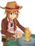  :q absurdres aqua_eyes baba_konomi bag belt binoculars braid brown_coat brown_hair coat cosplay dress_shirt hat hat_ribbon highres idolmaster idolmaster_million_live! indiana_jones indiana_jones_(cosplay) indiana_jones_and_the_raiders_of_the_lost_ark jewelry midriff minata_(axl19941120) necklace pink_shirt ribbon shirt single_braid squinting tied_shirt tongue tongue_out white_background 