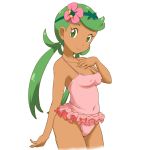  arm_at_side bangs bare_arms bare_shoulders blush_stickers breasts casual_one-piece_swimsuit cleavage closed_mouth covered_navel covered_nipples cowboy_shot cropped_legs flower frilled_swimsuit frills green_eyes green_hair hair_flower hair_ornament hand_on_own_chest headband long_hair looking_at_viewer low_twintails mao_(pokemon) medium_breasts one-piece_swimsuit pink_swimsuit pokemon pokemon_(anime) pokemon_sm_(anime) simple_background smile solo standing swept_bangs swimsuit tareme thighs tof twintails very_long_hair white_background 