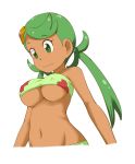  alternate_hair_ornament bangs bikini blush_stickers breasts closed_mouth covered_nipples dark_skin eyebrows_visible_through_hair from_below gen_1_pokemon green_bikini green_eyes green_hair hair_ornament long_hair looking_down low_twintails mao_(pokemon) medium_breasts navel pokemon pokemon_(anime) pokemon_sm_(anime) simple_background smile solo star star_hair_ornament staryu stomach swept_bangs swimsuit tareme tof twintails underboob white_background 