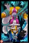  2018 azaleesh bikini black_nose breasts canine chest_tuft claws clothing consentacles dripping dusk_lycanroc female fur goo green_eyes lycanroc lyra_(abananaman) mammal mane multicolored_fur nintendo open_mouth orange_fur pawpads paws pok&eacute;mon pok&eacute;mon_(species) restrained saliva slime slime_string smile swimsuit tail_grab tentacles tongue tongue_out translucent translucent_tentacles tuft two_tone_fur undressing upside_down video_games white_fur 