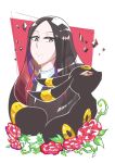  androgynous bangs black_eyes black_hair bort bright_pupils closed_mouth colored_eyelashes crossover expressionless flower forehead gem_uniform_(houseki_no_kuni) gen_2_pokemon houseki_no_kuni long_hair looking_at_viewer parted_bangs pokemon pokemon_(creature) red_eyes red_flower shiny shiny_hair two-tone_background umbreon upper_body yan531 