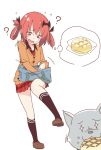  1girl bag bat_hair_ornament black_shirt bread cardigan dog dog_(gabriel_dropout) fang food food_theft gabriel_dropout hair_ornament hair_rings ixy kurumizawa_satanichia_mcdowell melon_bread plaid plaid_skirt red_hair school_bag shirt skirt thought_bubble white_background 