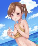  bare_shoulders bikini bikini_pull breasts brown_hair closed_mouth commentary_request day dutch_angle finger_to_mouth futami_mami goldowl hair_between_eyes hair_bobbles hair_ornament highres idolmaster idolmaster_(classic) long_hair looking_at_viewer navel nipples ocean red_eyes side_ponytail sketch sky small_breasts smile solo swimsuit wet yellow_bikini 