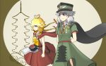  ahoge androgynous blonde_hair braid breastplate cape commentary english_commentary fujiwara_no_shirogane_no_sanra gradient_ray hat highres japanese_clothes len'en long_hair military military_hat military_uniform multiple_others ooama_no_ake_no_mitori peaked_cap red_eyes short_hair silver_eyes silver_hair twin_braids uniform 