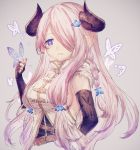  bare_shoulders black_gloves blue_eyes blush braid breasts bug butterfly commentary_request draph elbow_gloves fingerless_gloves gloves granblue_fantasy hair_over_one_eye horns insect large_breasts lavender_hair long_hair looking_at_viewer low_tied_hair narmaya_(granblue_fantasy) pointy_ears purple_hair shionty single_braid upper_body 