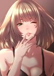  bangs black_tank_top blush breasts brown_background brown_hair cleavage collarbone eyebrows_visible_through_hair green_eyes hand_on_own_chin highres idolmaster idolmaster_cinderella_girls large_breasts lips looking_at_viewer mole mole_under_eye one_eye_closed parted_lips shouji_nigou simple_background smile solo takagaki_kaede tank_top 