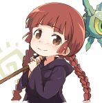  blush braid brown_eyes holding holding_staff ixy kukuri mahoujin_guruguru red_hair robe smile solo staff twin_braids 