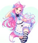  animal_humanoid bow_tie breasts canine clothed clothing dress female fluffy fluffy_tail fox fox_humanoid front_view fully_clothed fur hair hair_bow hair_ribbon humanoid hyanna-natsu legwear looking_at_viewer mammal pink_fur pink_hair raised_leg ribbons salute simple_background solo standing thigh_highs v_sign yellow_eyes 