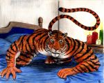  bed candle crouching feline foreshortening green_eyes looking_at_viewer male mammal muscular muscular_male raised_tail sudonym tiger traditional_media_(artwork) 