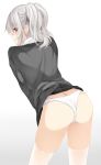  alternate_costume ass bent_over black_shirt black_skirt blue_eyes blush breast_press breasts eyebrows_visible_through_hair gradient gradient_background highres inushi kantai_collection kashima_(kantai_collection) long_hair looking_away looking_to_the_side medium_breasts miniskirt no_hat no_headwear panties pleated_skirt profile shiny shiny_skin shirt sidelocks silver_hair skindentation skirt skirt_lift solo thighhighs thighs twintails underwear white_background white_legwear white_panties 