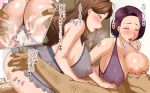  breasts brown_hair censored cum cum_in_pussy cum_on_ass hitozuma_kousai huge_breasts purple_hair threesome tomite translation_request 