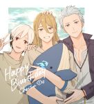  3boys arm_up bead_bracelet bead_necklace beads birthday black_hair blonde_hair blue_undershirt blush border bracelet brown_sweater character_name closed_mouth collarbone colored_tips commentary_request english_text fish fish_background hair_between_eyes hand_on_another&#039;s_head hand_on_another&#039;s_shoulder hands_up head_tilt highres idolmaster idolmaster_side-m jacket jewelry kitamura_sora koron_chris kuzunoha_amehiko light_blush light_smile long_bangs long_hair long_sleeves looking_at_viewer multicolored_hair multiple_boys necklace official_alternate_costume open_clothes open_jacket open_mouth outside_border pectorals purple_eyes purple_jacket red_eyes shirt short_hair sidelocks signature smile stuffed_animal stuffed_toy stuffed_whale sweater tassel teeth toy undershirt upper_body v white_border white_hair white_shirt yellow_eyes zbzb_sea 