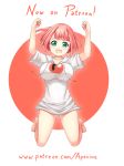  aposine arms_up artist_name barefoot blush bottomless bouncing_breasts breasts clenched_hands collarbone english full_body green_eyes highres hood hoodie kneeling konoka_(aposine) large_breasts looking_at_viewer open_mouth original patreon_logo patreon_username pink_hair short_hair short_sleeves simple_background smile solo text_focus two-tone_background watermark web_address white_background white_hoodie 