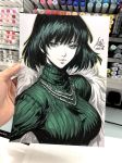  black_hair dress fubuki_(one-punch_man) fur_coat green_dress highres jewelry marker_(medium) necklace one-punch_man photo ribbed_sweater short_hair solo stanley_lau sweater traditional_media upper_body 