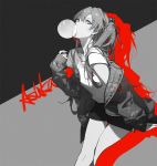  alternate_costume ask_(askzy) bangs blue_eyes breasts bubble_blowing casual character_name chewing_gum clothes_writing coat collarbone commentary english_commentary eyebrows_visible_through_hair hair_between_eyes hair_ornament leaning_forward limited_palette long_hair looking_at_viewer neon_genesis_evangelion nerv off_shoulder open_mouth partially_colored shirt short_shorts short_sleeves shorts sidelocks simple_background small_breasts solo souryuu_asuka_langley thighs two_side_up 