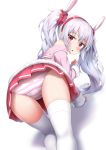  absurdres all_fours animal_ears ass azur_lane bangs bare_shoulders blush bunny_ears commentary_request dutch_angle eyebrows_visible_through_hair fake_animal_ears from_behind fur-trimmed_jacket fur_trim hair_between_eyes hairband highres jacket laffey_(azur_lane) long_hair long_sleeves looking_at_viewer looking_back nedia_(nedia_region) off_shoulder panties parted_lips pink_jacket pleated_skirt red_eyes red_hairband red_skirt silver_hair skirt solo striped striped_panties thighhighs twintails underwear very_long_hair white_background white_legwear 