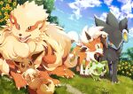  absurdres animal_focus arcanine brown_eyes claws closed_mouth cloud colored_sclera day eevee fangs flower grass green_eyes highres kechon-san luxray lycanroc lycanroc_(dusk) lying no_humans open_mouth outdoors pawpads pink_eyes pokemon pokemon_(creature) red_sclera smile spikes sprigatito standing yellow_eyes yellow_flower 