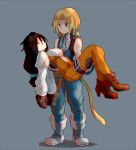  1girl blonde_hair bodysuit breasts brown_hair carrying closed_eyes couple dress final_fantasy final_fantasy_ix garnet_til_alexandros_xvii gloves hetero long_hair low-tied_long_hair medium_breasts orange_bodysuit princess_carry sunagimo_(nagimo) zidane_tribal 