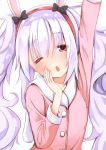  ame. animal_ears arm_up azur_lane bangs black_bow blush bow bunny_ears commentary_request eyebrows_visible_through_hair fur-trimmed_jacket fur-trimmed_sleeves fur_trim hair_between_eyes hairband head_tilt jacket laffey_(azur_lane) long_hair looking_at_viewer one_eye_closed parted_lips red_eyes red_hairband red_jacket silver_hair simple_background sleepy solo stretch tears twintails upper_body very_long_hair white_background yawning 