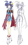  ahoge arms_behind_back azuma_mayumi bare_legs blue_dress blue_eyes blue_hair cape closed_mouth crescent crescent_hair_ornament crossed_legs dress full_body hair_ornament looking_at_viewer miniskirt pointy_ears red_cape rena_lanford scan shirt shoes short_hair sketch skirt smile solo standing star_ocean star_ocean_the_second_story white_footwear white_shirt 