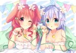  :o ;) animal_ears bangs bed_sheet blue_eyes bow breasts bunny_ears cat_ears cat_pendant cleavage commentary_request flower frills green_bow green_ribbon hair_between_eyes hair_bow hair_flower hair_ornament jewelry lavender_hair light_blush long_hair looking_at_viewer lying medium_breasts multiple_girls nozomiyuyu on_stomach one_eye_closed original pendant pink_bow pinky_out red_eyes red_hair ribbon smile string_of_flags under_covers wrist_cuffs 