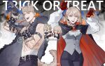  1boy 1girl :d alternate_costume animal_ear_fluff animal_ear_piercing animal_ears arm_belt arms_up artist_name ascot bandaged_chest bandages belt belt_buckle black_belt black_cape black_collar black_nails black_pants blonde_hair brooch brother_and_sister buckle cape chibi chibi_inset chinese_commentary claw_pose collar collared_shirt commentary_request cowboy_shot cross_scar dungeon_meshi earrings erober falin_touden falin_touden_(tallman) fangs fingernails fur_cape gloves grey_vest halloween halloween_costume highres jewelry lace-trimmed_ascot lace_trim laios_touden long_fingernails long_sleeves looking_at_viewer medium_hair open_mouth pants pointy_ears puffy_sleeves red_cape red_gloves scar scar_on_arm scar_on_shoulder scar_on_stomach sharp_fingernails shirt short_hair siblings smile spiked_collar spikes tail topless_male trick_or_treat two-sided_cape two-sided_fabric undercut vampire_costume vest watermark weibo_logo weibo_watermark werewolf_costume white_ascot white_shirt wing_collar wolf_ears wolf_tail yellow_eyes 
