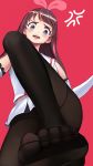  a.i._channel angry black_legwear blue_eyes blush brown_hair close-up commentary_request feet hairband highlights highres kizuna_ai lace-trimmed_sleeves leg_up long_hair looking_at_viewer multicolored_hair no_shoes open_mouth panties panties_under_pantyhose pantyhose pink_hairband pink_ribbon pov pov_feet ribbon sailor_collar shirt sleeveless sleeveless_shirt soles solo streaked_hair toes two-tone_hair underwear white_sailor_collar wuguno_ziran_juan 