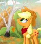  2018 absurd_res applejack_(mlp) autumn bandanna blonde_hair cloud cowboy_hat cute cutie_mark earth_pony equine eyelashes female feral friendship_is_magic fur grass green_eyes hair hat hi_res hooves horse inner_ear_fluff leaves looking_up mammal my_little_pony nude outside plant pony portrait shrub sky smile solarspark solo standing tree watermark 