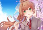  adjusting_hair bangs blazer blue_sky bow brown_hair cherry_blossoms cloud collared_shirt commentary day doki_doki_literature_club eyebrows_visible_through_hair green_eyes grey_jacket hair_bow hands_up highres jacket long_hair long_sleeves looking_at_viewer monika_(doki_doki_literature_club) neck_ribbon orange_sweater outdoors parted_lips petals ponytail red_neckwear red_ribbon ribbon school_uniform shirt sidelocks sky solo sweater tareme teeth tree upper_body very_long_hair white_bow white_shirt wind wing_collar xhunzei 
