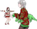  2girls alternate_costume anastasia_(idolmaster) blue_eyes blush brown_pants christmas_sweater claw_pose cowboy_shot green_sweater grey_hair hands_up idolmaster idolmaster_cinderella_girls long_hair long_sleeves looking_to_the_side medium_hair moose multicolored_clothes multicolored_sweater multiple_girls nitta_minami no_pants open_mouth osakana_(denpa_yun&#039;yun) outstretched_arms pants profile red_sweater simple_background sleeves_past_wrists smile spread_arms squatting standing stuffed_animal stuffed_dinosaur stuffed_toy sweater ugly_sweater v-shaped_eyebrows white_background white_sweater 