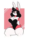  anthro big_breasts black_hair black_nose breasts cleavage clothed clothing female hair hi_res komponi lagomorph mammal rabbit simple_background solo thick_thighs 