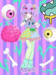  1girl animal_print aqua_leg_warmers bow bracelet bracelet_bow choker colorful crocs double_bun dripping_bracelet dripping_skirt eye_print eyeball_hair_ornament ezaki_bisuko fashion green_pantyhose gurokawa hair_bow hair_bun hand_hair_ornament highres jewelry leopard_print mouth_print multicolored_clothes multicolored_shirt multicolored_skirt necklace original pantyhose pastel_colors print_shirt print_skirt purple_footwear purple_hair shirt short_hair skirt standing striped_clothes striped_skirt tooth_necklace 