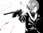  1girl blood blood_on_face blood_splatter casing_ejection expressionless firing gloves greyscale gun handgun holding holding_gun holding_weapon idolmaster idolmaster_cinderella_girls idolmaster_cinderella_girls_starlight_stage long_sleeves looking_at_viewer mauser_c96 monochrome neckerchief osakana_(denpa_yun&#039;yun) parted_lips school_uniform serafuku shell_casing shirayuki_chiyo short_hair simple_background smoke smoking_barrel solo spot_color upper_body weapon 