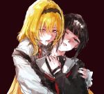  2girls behind_another bite_mark bite_mark_on_neck black_eyes black_hair black_hairband black_shirt black_undershirt bleeding blonde_hair blood blood_on_face blunt_bangs blush brooch crying crying_with_eyes_open frown hair_over_one_eye hairband hand_on_another&#039;s_shoulder hand_on_own_neck idolmaster idolmaster_cinderella_girls idolmaster_cinderella_girls_starlight_stage jewelry kurosaki_chitose light_smile long_hair long_sleeves looking_at_viewer multiple_girls neckerchief one_eye_closed osakana_(denpa_yun&#039;yun) parted_lips red_background red_eyes red_neckerchief sailor_collar shirayuki_chiyo shirt short_hair simple_background tears upper_body vampire vampire_bite white_sailor_collar white_shirt 