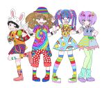  1other 3girls androgynous angel_wings animal_ears animal_hat animal_print aqua_leg_warmers backpack bag bag_charm bandaid bandaid_on_face bandaid_on_nose bead_bracelet beads black_hair blonde_hair blue_hair blue_skirt boots bow bracelet bracelet_bow braces braid brown_eyes bucket_hat buttons chain chain_necklace charm_(object) cherry_hair_ornament choker claw_pose colorful crocs decora double_bun double_v dripping_bracelet dripping_skirt eye_print eyeball_hair_ornament ezaki_bisuko fake_animal_ears fashion floral_print food-themed_hair_ornament green_pantyhose grin gurokawa hadeko hair_bow hair_bun hair_ornament hairclip hairstyle_request hand_hair_ornament hat jewelry leopard_print long_hair looking_at_viewer mouth_print multicolored_clothes multicolored_hair multicolored_hat multicolored_shirt multicolored_skirt multiple_girls necklace open_mouth orange_shirt original pants pantyhose pastel_colors pink_eyes pink_hair plaid_clothes plaid_skirt polka_dot_pants print_shirt print_skirt purple_footwear purple_hair quad_tails rabbit_ears rabbit_hat rainbow_print randoseru red_footwear red_pants shinora shirt shoes short_hair simple_background skirt smile smiley_face smiley_print sneakers socks standing standing_on_one_leg star_(symbol) star_print striped_clothes striped_skirt striped_thighhighs suspenders_hanging thighhighs tie-dye tooth_necklace two-tone_hair v white_background wings yellow_shirt 