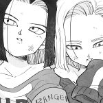  1girl android_17 android_18 bare_shoulders black_hair brother_and_sister commentary_request dirty dirty_face dragon_ball dragon_ball_super expressionless greyscale highres looking_away looking_down monochrome open_mouth short_hair siblings tkgsize 