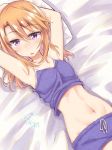  armpits arms_up bed_sheet blush camisole commentary_request dated eyebrows_visible_through_hair highres hikawa_shou idolmaster idolmaster_cinderella_girls long_hair looking_at_viewer lying navel on_back orange_hair parted_lips pillow purple_eyes short_shorts shorts signature solo yuuki_haru 