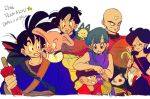  6+girls ^_^ aida_kaiko animal beard black_eyes black_hair blue_hair blush_stickers bulma chaozu cheek_pinching closed_eyes copyright_name crossed_arms dougi dragon_ball dragon_ball_(classic) dress earrings eyebrows_visible_through_hair facial_hair formal happy hat jewelry kuririn long_hair long_sleeves looking_at_another lunch_(dragon_ball) multiple_girls muten_roushi number nyoibo oolong pale_skin pig pinching puar scar short_hair simple_background sleeveless sleeveless_dress smile son_gokuu spiked_hair star suit sunglasses tenshinhan text_focus umbrella waistcoat white_background yamcha 