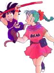  1girl ^_^ absurdres aida_kaiko arms_up black_hair blue_hair braid bulma character_name closed_eyes dougi dragon_ball dragon_ball_(classic) dress gloves hair_ribbon happy highres jumping leg_up looking_at_another nyoibo open_mouth pink_dress ribbon scarf short_hair simple_background smile son_gokuu spiked_hair tail white_background wristband 