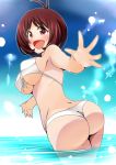  1girl antenna_hair artist_request ass bare_shoulders bikini blush breasts brown_hair butt_crack from_behind hidaka_ai idolmaster idolmaster_dearly_stars large_breasts looking_at_viewer open_mouth purple_eyes shiny shiny_hair shiny_skin short_hair smile solo swimsuit 