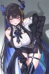  1girl amyu_(amm_asl_pa) black_hair blue_hair blush breasts button_gap commentary hand_on_own_hip highres hololive hololive_english large_breasts leaning_forward long_hair looking_at_viewer nerissa_ravencroft nerissa_ravencroft_(1st_costume) open_mouth smile solo virtual_youtuber 