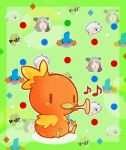  commentary creature english_commentary gen_3_pokemon haruka_(pokemon) instrument music playing_instrument pokemon pokemon_(creature) pokemon_(game) pokemon_emerald pokemon_rse solo_focus torchic trumpet yuuki_(pokemon) 