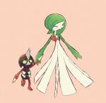  closed_mouth creature full_body gardevoir gen_3_pokemon gen_5_pokemon looking_at_another looking_up no_humans pawniard pokemon pokemon_(creature) shiwo_(siwosi) simple_background smile walking 