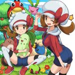  animal apricorn ass brown_eyes brown_hair bush chikorita commentary flower food fruit gap gen_2_pokemon grass hat holding holding_animal holding_pokemon hoppip kotone_(pokemon) ledyba looking_at_viewer mareep medium_hair natu on_ground one_eye_closed open_mouth overall_shorts overalls poke_ball pokemoa pokemon pokemon_(creature) pokemon_(game) pokemon_hgss red_shirt sentret shirt shorts smile spread_legs suspender_shorts suspenders thighhighs thighs twintails white_legwear zettai_ryouiki 