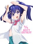  :d abe_kanari armpit_peek arms_up bangs blue_hair blush bow dated eyebrows_visible_through_hair green_skirt hair_bow happy_birthday kusanagi_yuma looking_at_viewer open_mouth partially_unbuttoned pleated_skirt purple_eyes shirt short_sleeves simple_background skirt smile solo soushin_shoujo_matoi twintails white_background white_shirt yellow_bow 