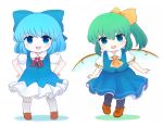  :d ascot bad_id bad_twitter_id black_legwear blue_bow blue_eyes blue_hair blue_skirt blue_vest boots bow brown_footwear chibi cirno collared_shirt commentary_request cross-laced_footwear daiyousei eyebrows_visible_through_hair fairy_wings frilled_legwear frilled_skirt frills full_body gradient_eyes green_hair hair_bow hair_ribbon hands_on_hips lace-up_boots light_blush looking_at_viewer multicolored multicolored_eyes multiple_girls neck_ribbon no_wings open_mouth puffy_short_sleeves puffy_sleeves red_neckwear rei_(tonbo0430) ribbon ribbon-trimmed_sleeves ribbon_trim shirt short_hair short_sleeves side_ponytail simple_background skirt skirt_set smile standing standing_on_one_leg tareme touhou upper_teeth vest white_background white_legwear white_shirt wings yellow_neckwear yellow_ribbon 