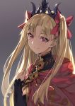  bangs black_cape black_dress blonde_hair bow cape closed_mouth commentary_request crown detached_collar dress earrings ereshkigal_(fate/grand_order) fate/grand_order fate_(series) fur-trimmed_cape fur_trim hair_ribbon hoop_earrings jewelry long_hair looking_at_viewer looking_to_the_side multicolored multicolored_cape multicolored_clothes necklace parted_bangs purple_bow red_cape red_eyes red_ribbon ribbon single_sleeve skull smile spine tears tiara two_side_up yahako yellow_cape 