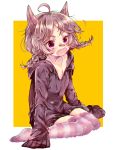  ahoge animal_ears bad_id bad_pixiv_id bandaid bandaid_on_nose bangs black_hoodie blush braid breasts brown_hair cleavage collarbone commentary drawstring eyebrows_visible_through_hair fang highres hood hood_down hoodie long_sleeves low_twintails naoton open_mouth original oversized_clothes purple_eyes sitting sleeves_past_fingers sleeves_past_wrists small_breasts solo striped striped_legwear thighhighs twin_braids twintails two-tone_background wariza white_background wolf_ears yellow_background 